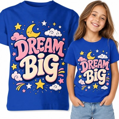 Koszulka dziewczęca „Dream Big” z księżycem i gwiazdami - pozytywny nadruk
