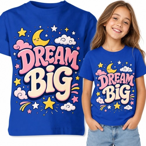Koszulka dziewczęca „Dream Big” z księżycem i gwiazdami - pozytywny nadruk