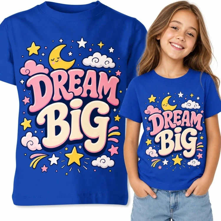 Koszulka dziewczęca „Dream Big” z księżycem i gwiazdami - pozytywny nadruk