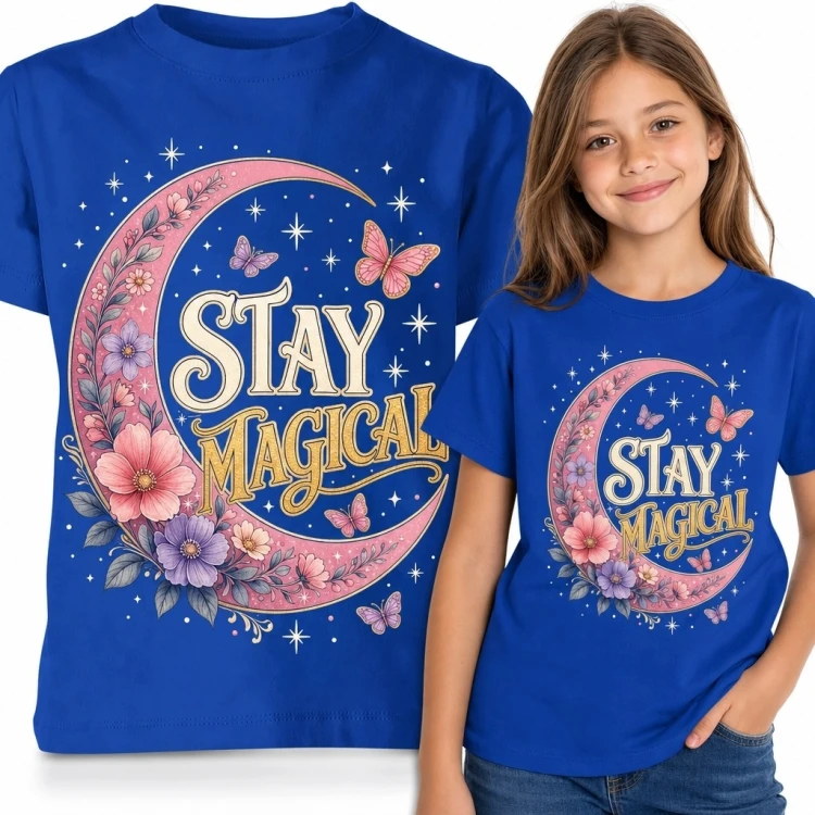 Koszulka dziewczęca „Stay Magical” - kwiatowy półksiężyc, motyle i gwiazdy