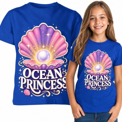 Koszulka dziewczęca z muszlą i perłą „Ocean Princess” - baśniowy nadruk
