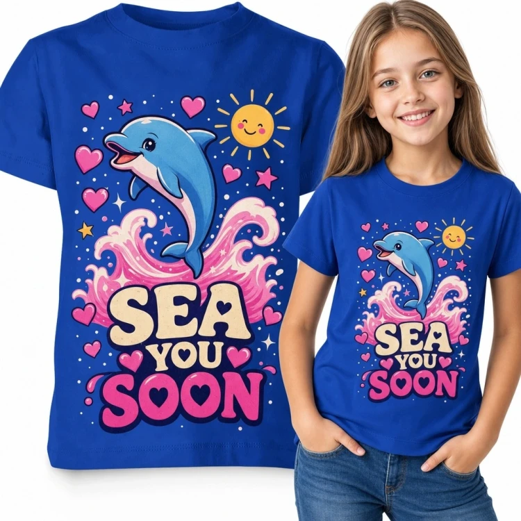 Koszulka dziewczęca z delfinem „Sea You Soon” - morski wzór