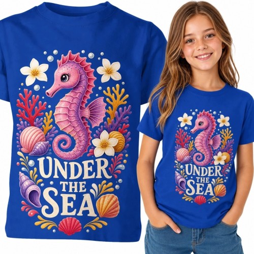 Koszulka dziewczęca z różowym konikiem morskim „Under the Sea” - podwodny świat
