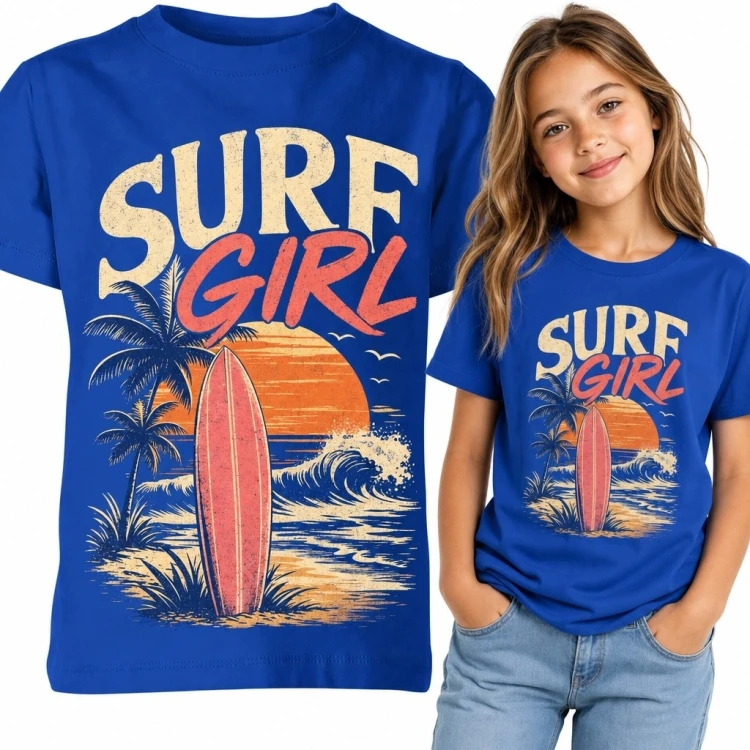 Koszulka dziewczęca „Surf Girl” z deską surfingową - tropikalny wzór retro