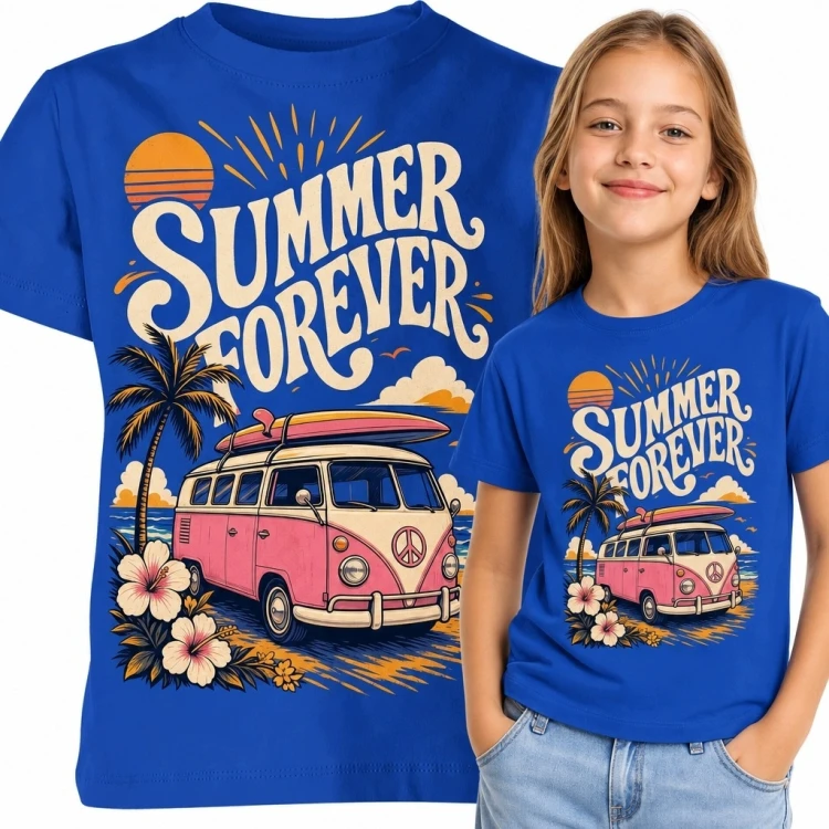 Koszulka dziewczęca z wakacyjnym vanem „Summer Forever” - surfingowy wzór retro