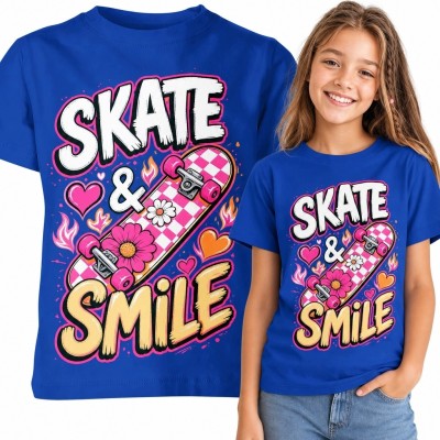 Koszulka dziewczęca „Skate &amp; Smile” z deskorolką - kolorowy streetwear