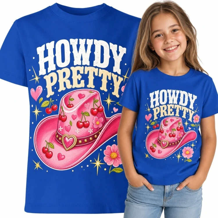 Koszulka dziewczęca z różowym kapeluszem kowbojskim „Howdy Pretty”