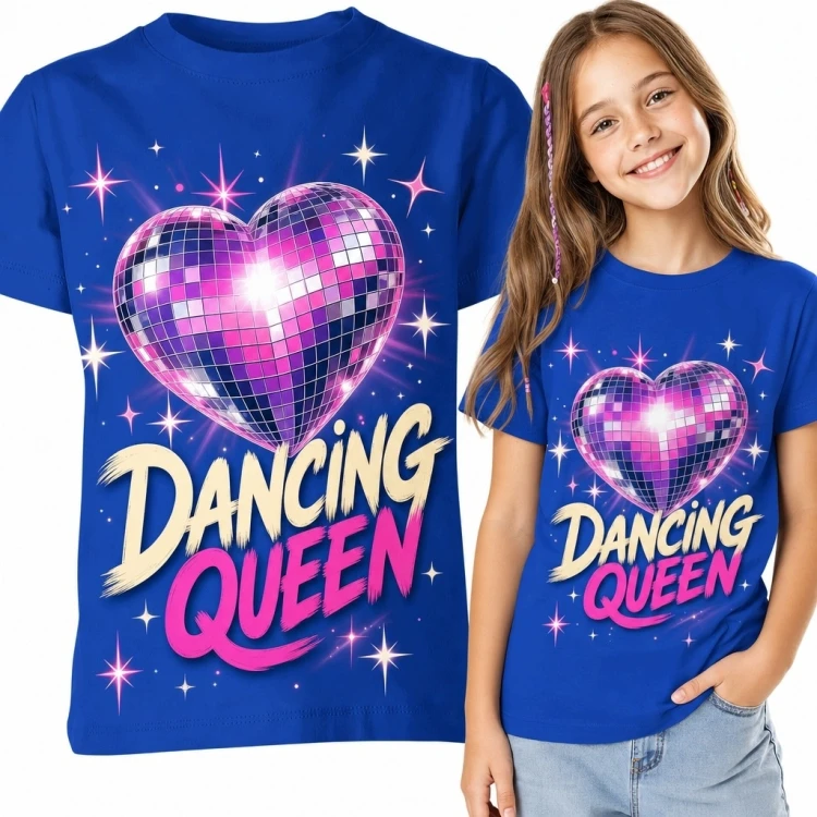 Niebieska koszulka dziewczęca „Dancing Queen” z różowo-fioletowym sercem disco