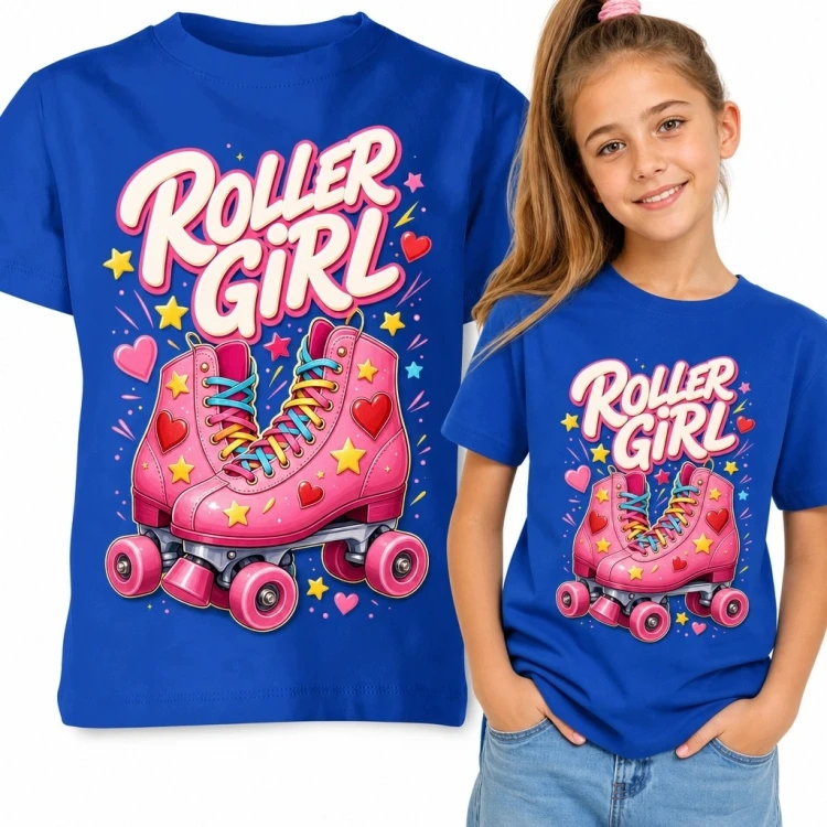 Niebieska koszulka dziewczęca „ROLLER GIRL” z wrotkami, sercami i gwiazdkami