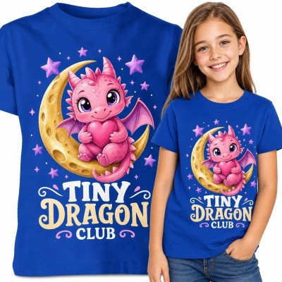Koszulka dziewczęca z różowym smokiem „Tiny Dragon Club” - bajkowy motyw z księżycem