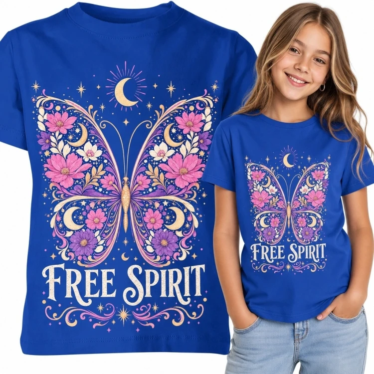 Koszulka dziewczęca z motylem „Free Spirit” - kwiaty, księżyc i gwiazdy