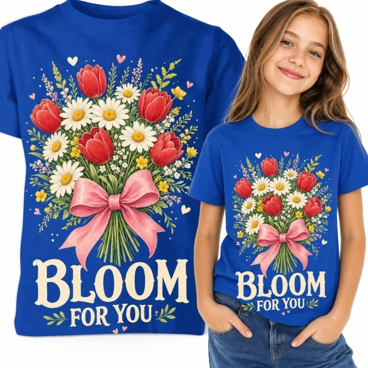 Koszulka dziewczęca z tulipanami i margaretkami „Bloom for You” - niebieska