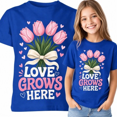 Koszulka dziewczęca z bukietem tulipanów „Love Grows Here” - kwiatowy motyw