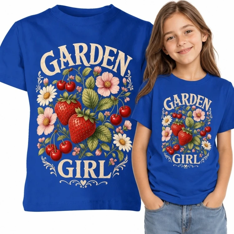 Koszulka dziewczęca „Garden Girl” - truskawki, wiśnie i kwiaty