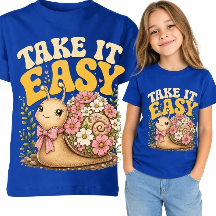 Koszulka dziewczęca ze ślimakiem i kwiatową muszlą „Take It Easy”
