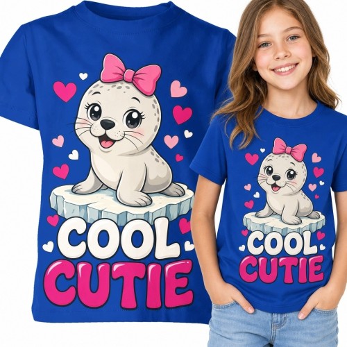Koszulka dziewczęca z foczką „Cool Cutie” - serca i różowa kokarda