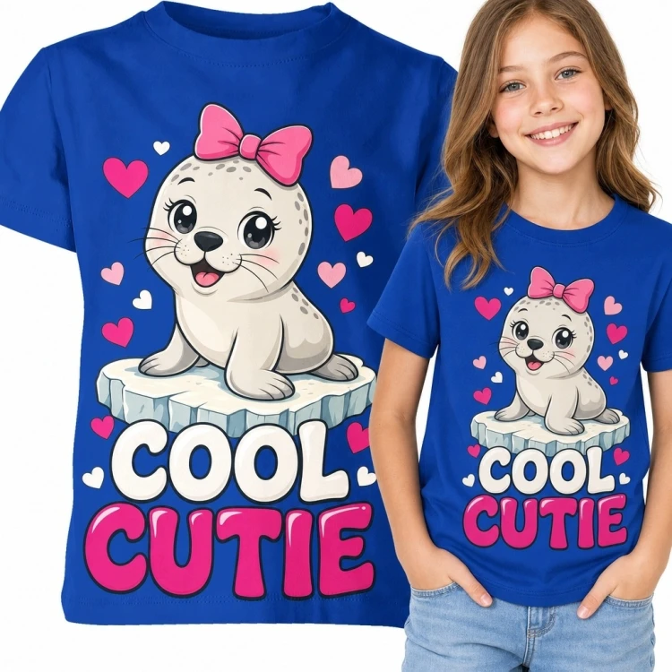 Koszulka dziewczęca z foczką „Cool Cutie” - serca i różowa kokarda