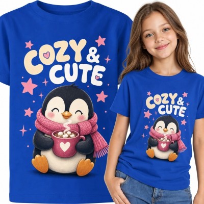 Koszulka dziewczęca z pingwinem i napisem „Cozy &amp; Cute” - zimowy motyw