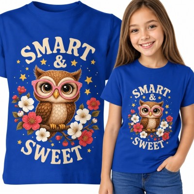 Koszulka dziewczęca z sową w różowych okularach „Smart &amp; Sweet” - kwiatowy motyw