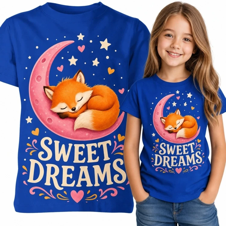 Koszulka dziewczęca ze śpiącym liskiem na księżycu „Sweet Dreams”