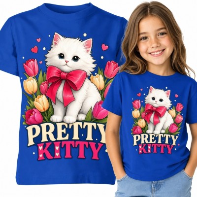 Koszulka dziewczęca z kotkiem „Pretty Kitty” - tulipany i różowa kokarda