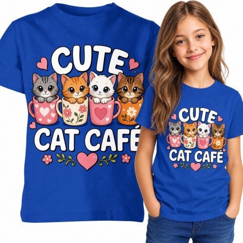 Koszulka dziewczęca z kotami „Cute Cat Cafe” - kolorowy wzór kawaii