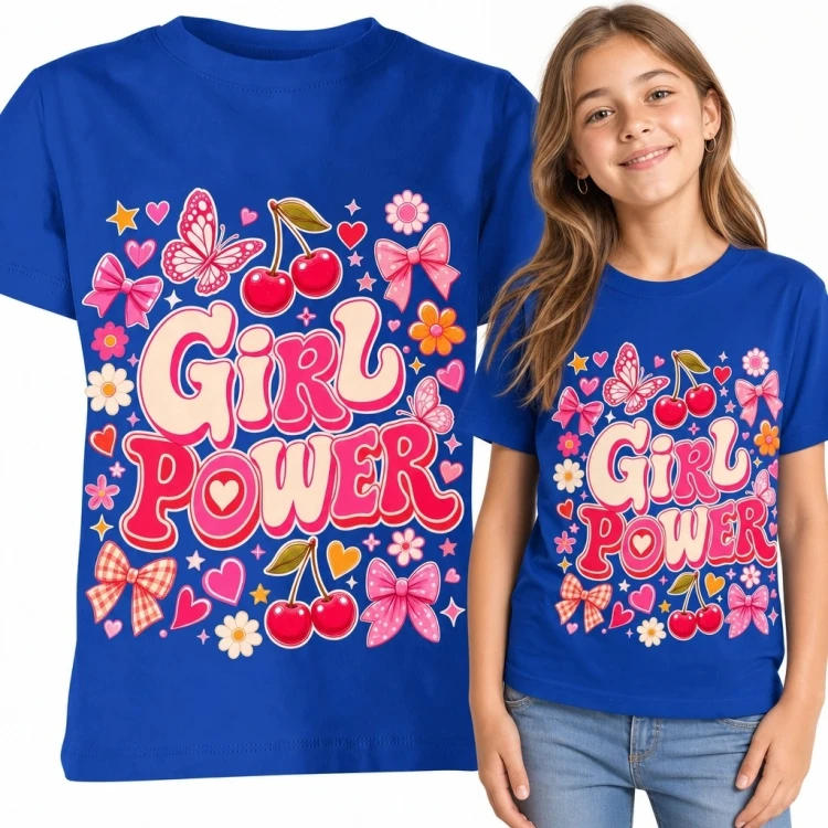 Koszulka dziewczęca z wiśniami i motylami „Girl Power” - kolorowy nadruk