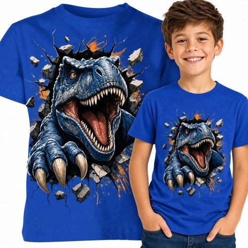 Niebieska koszulka chłopięca z ryczącym tyranozaurem 3D - dinozaur przebijający ścianę