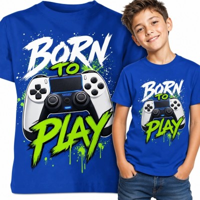 Koszulka chłopięca dla gracza z kontrolerem „Born to Play” - wzór graffiti