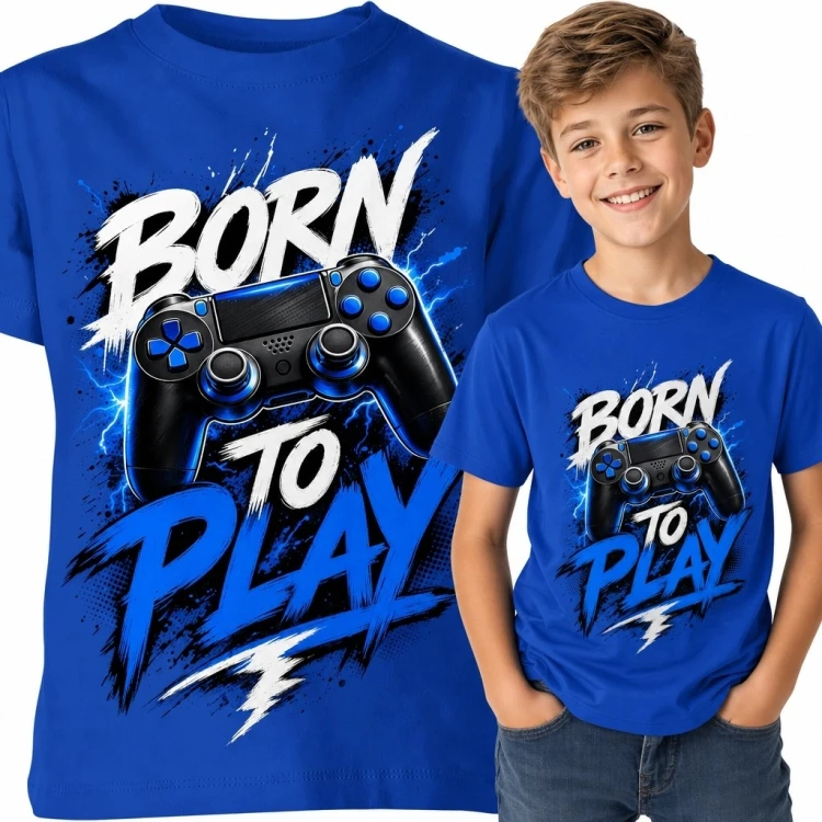 Koszulka chłopięca gamingowa z kontrolerem „Born to Play”