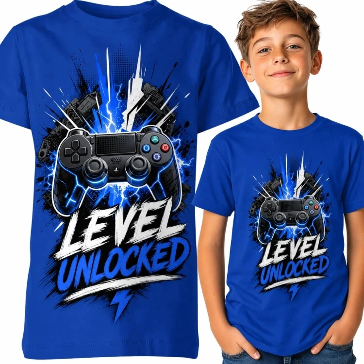 Koszulka chłopięca gamingowa z kontrolerem - „Level Unlocked”
