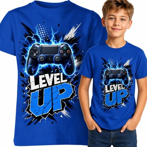 Koszulka chłopięca gamingowa z kontrolerem „Level Up” - niebieska