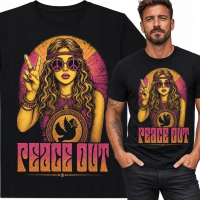 Koszulka męska z hippiską i pacyfkami „Peace Out” - styl retro
