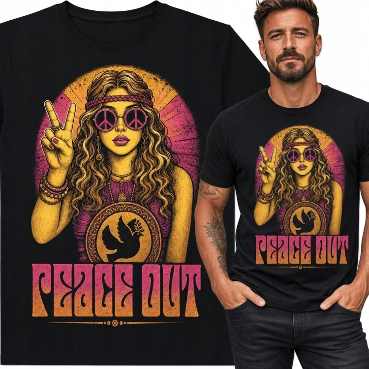 Koszulka męska z hippiską i pacyfkami „Peace Out” - styl retro