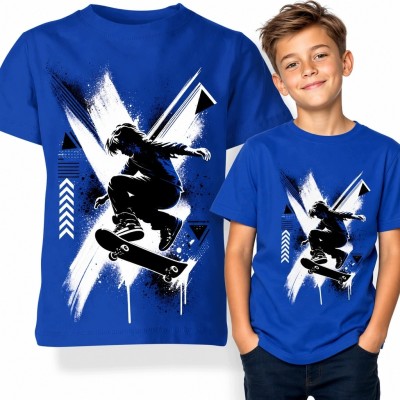 Koszulka chłopięca ze skaterem na deskorolce - miejski motyw streetwearowy