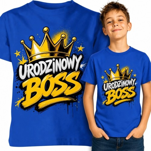 Koszulka chłopięca na urodziny z koroną „Urodzinowy Boss” - komiksowy wzór