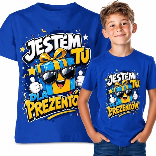Koszulka chłopięca z prezentem w okularach „Jestem tu dla prezentów!”