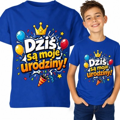 Koszulka chłopięca na urodziny z napisem „Dziś są moje urodziny!” - korona, balony i konfetti