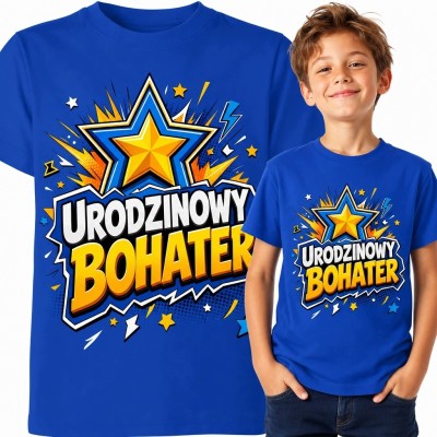 Koszulka chłopięca na urodziny „Urodzinowy bohater” - komiksowa gwiazda
