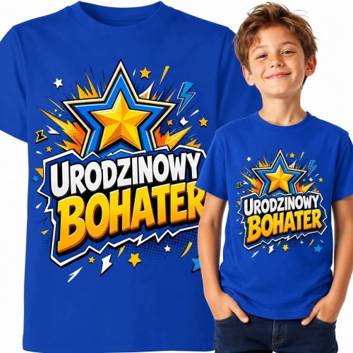 Koszulka chłopięca na urodziny „Urodzinowy bohater” - komiksowa gwiazda