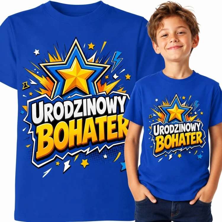 Koszulka chłopięca na urodziny „Urodzinowy bohater” - komiksowa gwiazda