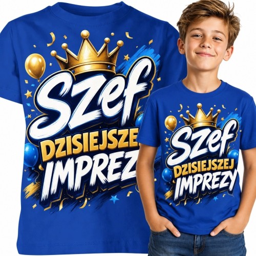 Koszulka chłopięca „Szef dzisiejszej imprezy” - nadruk z koroną i konfetti