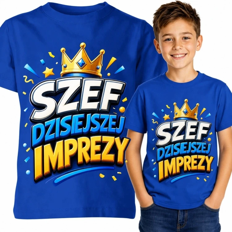 Koszulka chłopięca „Szef dzisiejszej imprezy” - z koroną na przyjęcie