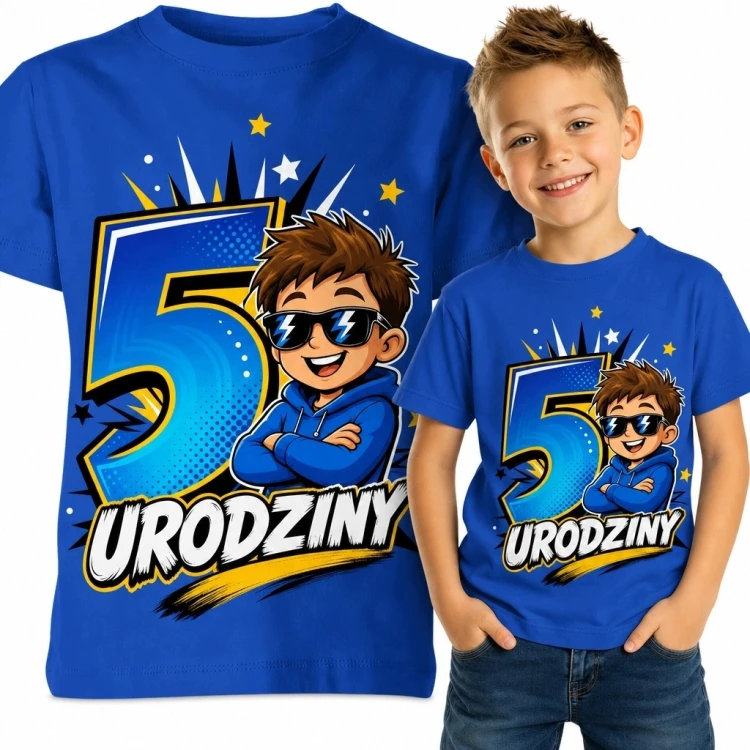 Koszulka chłopięca na 5 urodziny - komiksowy bohater i napis „5 urodziny”