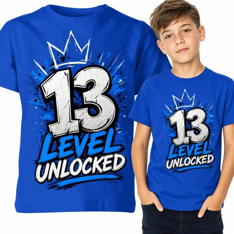 Koszulka chłopięca na 13 urodziny „13 Level Unlocked” - gamingowy motyw