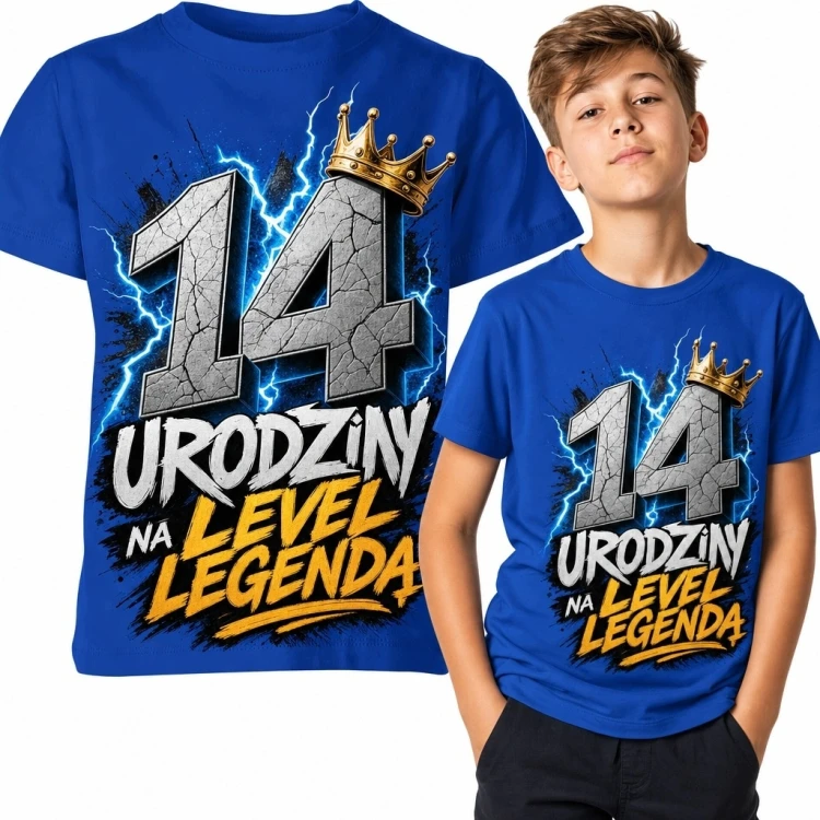 Koszulka chłopięca na 14 urodziny z koroną - „Na level legenda”
