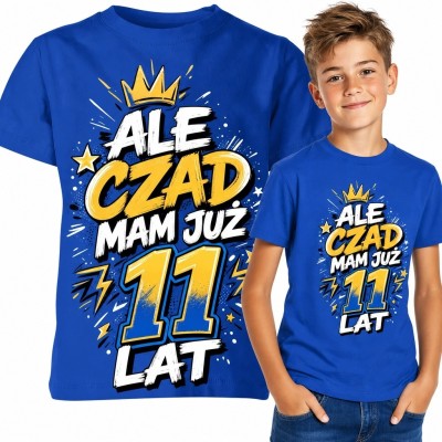 Koszulka chłopięca na 11 urodziny „Ale czad, mam już 11 lat” - nadruk z koroną, gwiazdami i błyskawicami