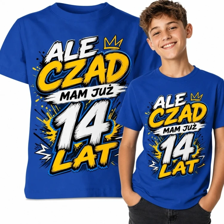 Koszulka chłopięca na 14 urodziny - „Ale czad, mam już 14 lat” z koroną