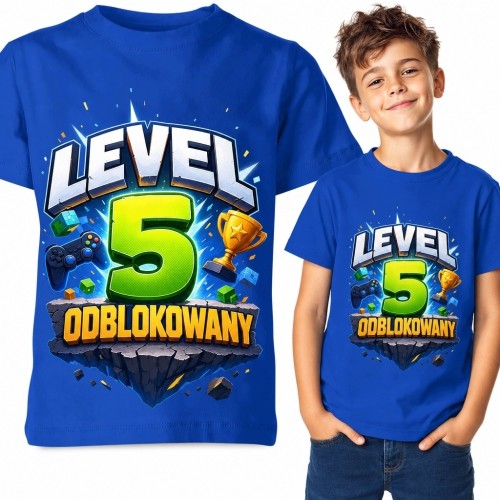 Koszulka chłopięca gamingowa na 5 urodziny „Level 5 odblokowany” - pad i puchar