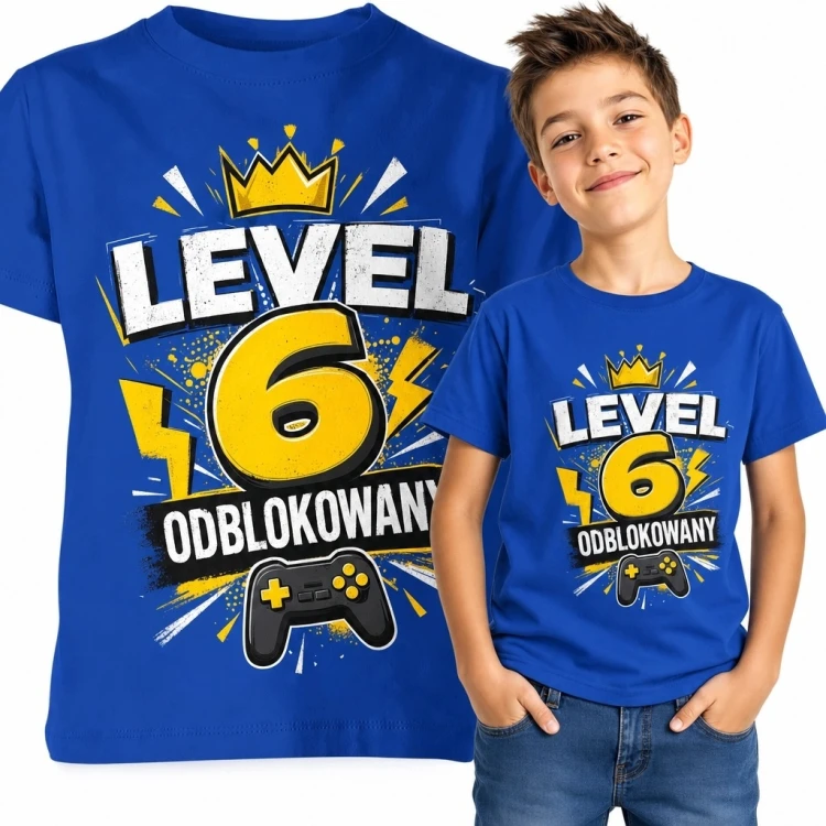 Koszulka chłopięca na 6 urodziny „Level 6 odblokowany” - gamingowy motyw